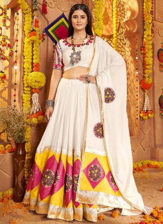 White Cotton Readymade Lehenga Choli with Embroidered, Jacquard, Patch Border and Thread Work