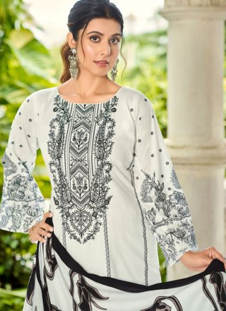 White Cotton Salwar Suit with Digital Print and Embroidered Work for Casual