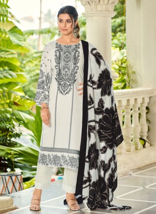 White Cotton Salwar Suit with Digital Print and Embroidered Work for Casual