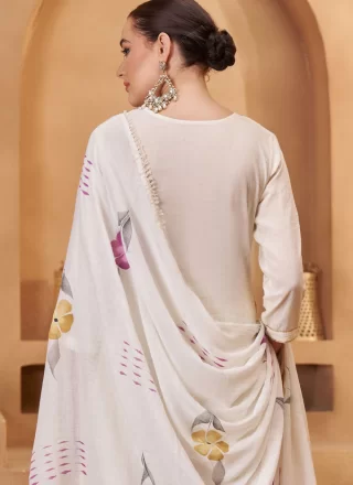 White Cotton Salwar Suit with Fancy, Mirror and Thread Work