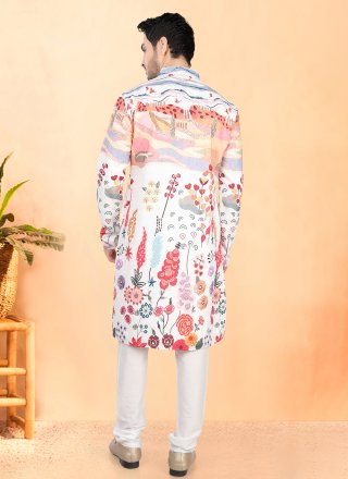 White Cotton Sequins and Thread Work Kurta Pyjama for Ceremonial