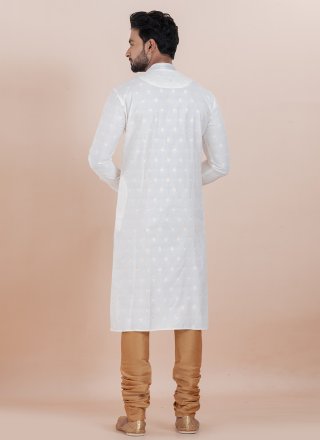 White Cotton Silk Jacquard Work Kurta Pyjama