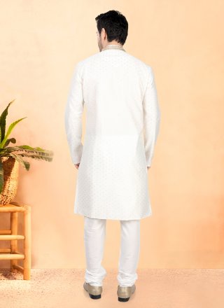 White Cotton Silk Plain Work Kurta Pyjama for Ceremonial