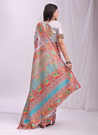 White Cotton Trendy Saree with Print Work for Casual