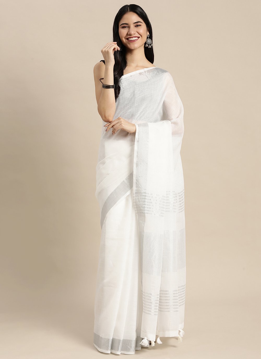 White Cotton Woven Work Trendy Saree for Casual White Cotton Woven Work Trendy Saree for Casual
