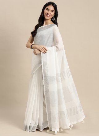 White Cotton Woven Work Trendy Saree for Casual White Cotton Woven Work Trendy Saree for Casual