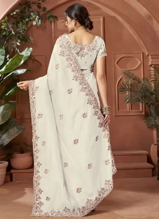 White Crush Contemporary Sari with Patch Border, Cut, Embroidered and Zari Work