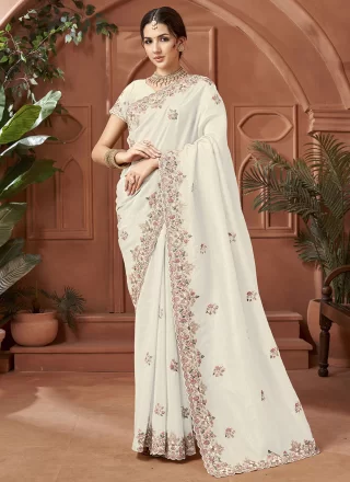White Crush Contemporary Sari with Patch Border, Cut, Embroidered and Zari Work