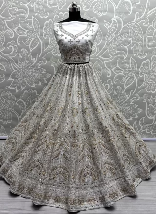 White Dori, Embroidered, Mirror, Thread, Zari and Zircon Work Net Lehenga Choli