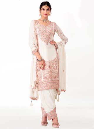 White Embroidered and Fancy Work Georgette Salwar Suit