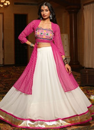 White Embroidered and Print Work Faux Georgette Lehenga Choli