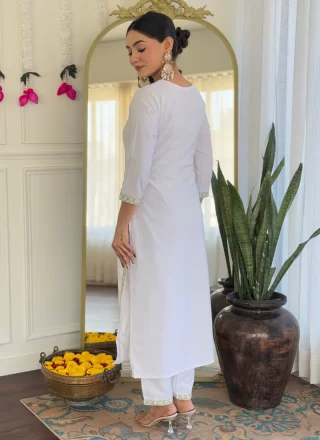 White Embroidered and Print Work Viscose Salwar Suit