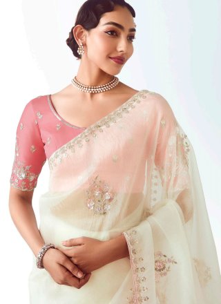 White Fancy Fabric Traditional Saree with Cut, Embroidered and Sequins Work for Ceremonial