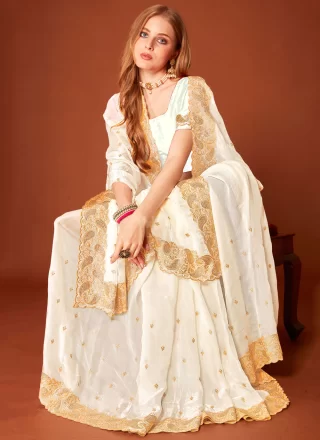 White Fandy Designer Saree with Embroidered, Swarovski and Zari Work