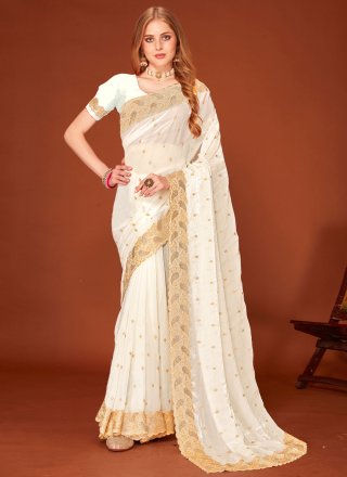 White Fandy Designer Saree with Embroidered, Swarovski and Zari Work