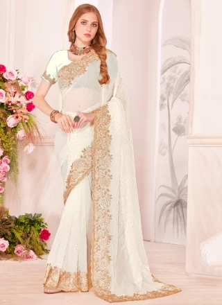 White Fandy Embroidered, Resham, Zari and Zircon Work Traditional Saree for Ceremonial