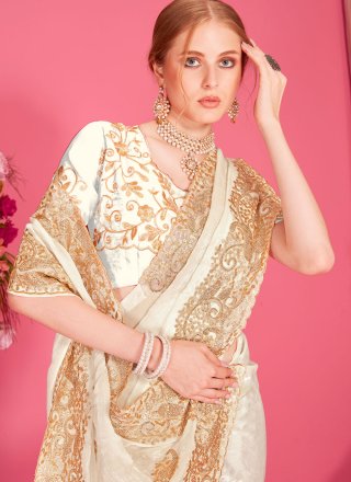 White Fandy Trendy Saree with Cut, Embroidered, Zari and Zircon Work for Women