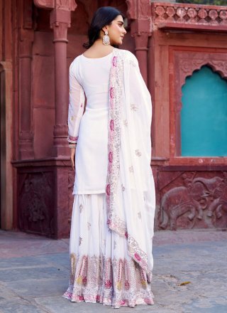White Faux Georgette Embroidered, Sequins and Thread Work Salwar Suit for Ceremonial
