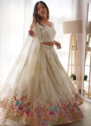 White Faux Georgette Lehenga Choli with Embroidered, Sequins and Thread Work