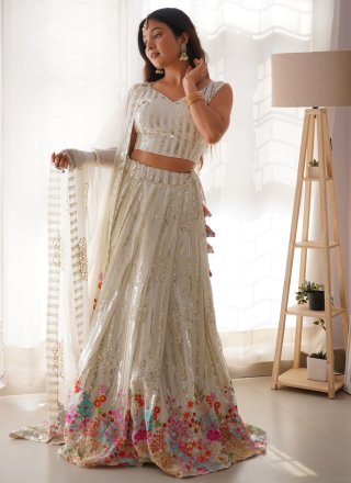White Faux Georgette Lehenga Choli with Embroidered, Sequins and Thread Work