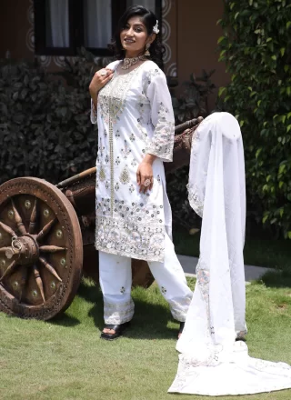 White Faux Georgette Salwar Suit with Embroidered, Sequins and Thread Work