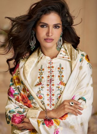 White Floral Patch Work Viscose Pant Style Suit