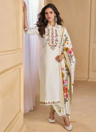 White Floral Patch Work Viscose Pant Style Suit