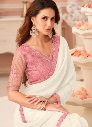 White Georgette Classic Sari with Patch Border and Embroidered Work for Women