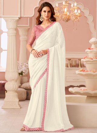 White Georgette Classic Sari with Patch Border and Embroidered Work for Women