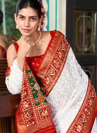 White Georgette Contemporary Sari with Foil Print and Lucknowi Work Work