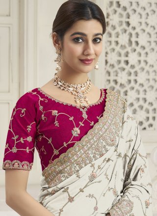 White Georgette Designer Sari with Cord, Embroidered, Hand, Thread, Zari and Zircon Work