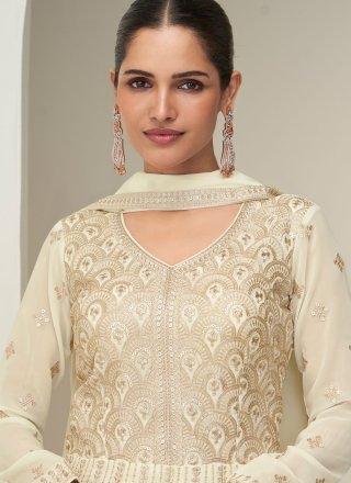 White Georgette Embroidered and Zari Work Gown