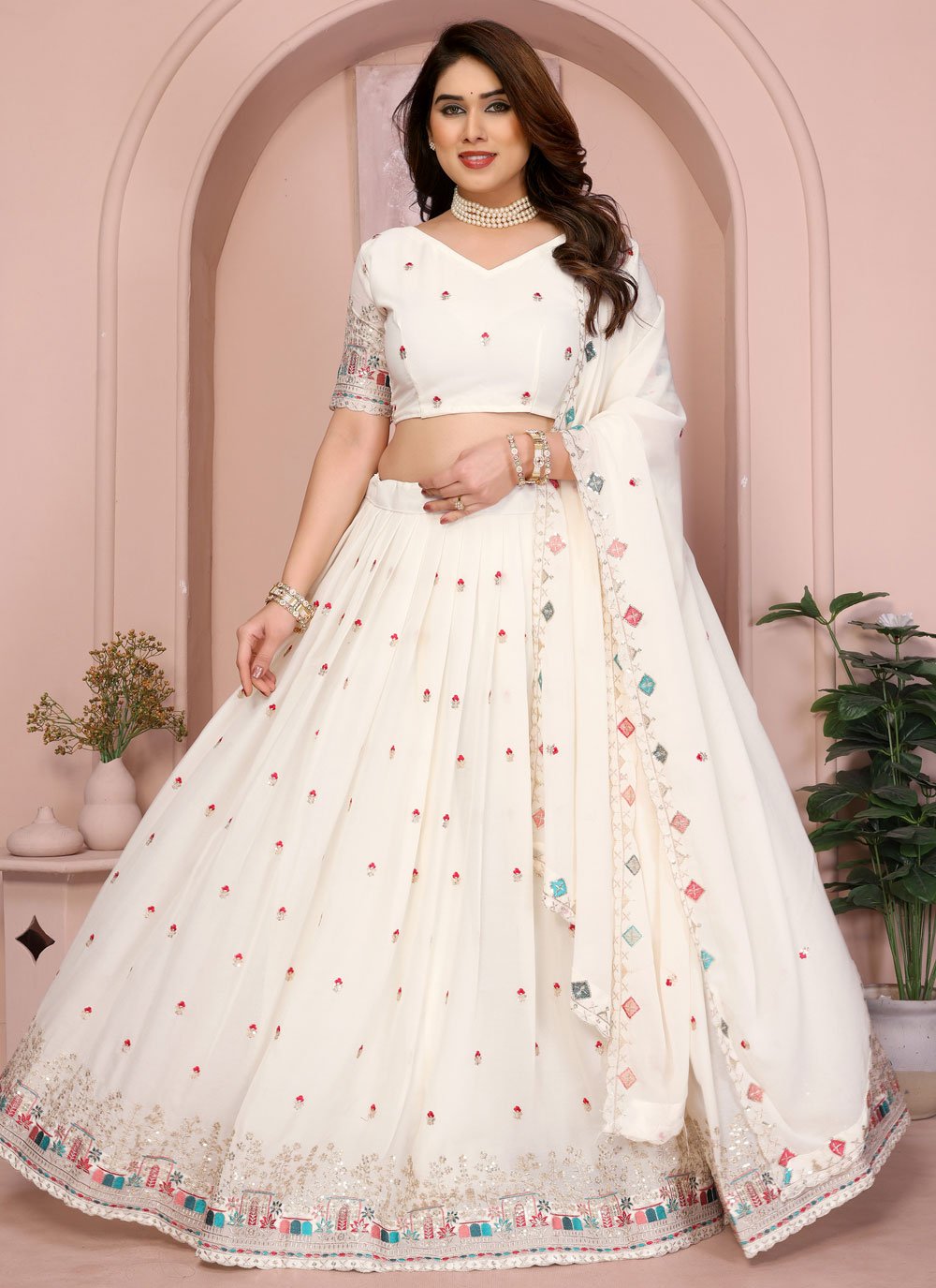 White Georgette Embroidered and Zari Work Lehenga Choli