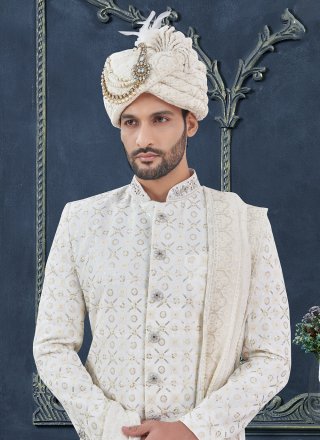 White Georgette Hand Work Sherwani Mens Wear for Ceremonial