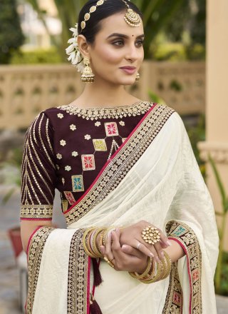 White Georgette Patch Border, Embroidered, Sequins and Zari Work Designer Saree