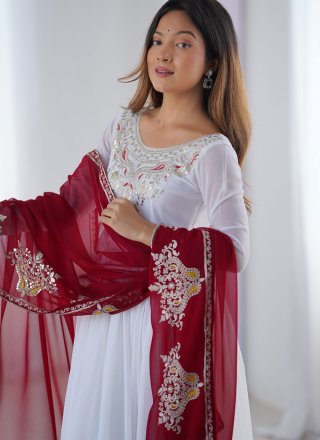 White Georgette Salwar Suit with Embroidered, Multi, Sequins, Thread and Zari Work