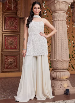 White Georgette Sequins and Thread Work Salwar Suit