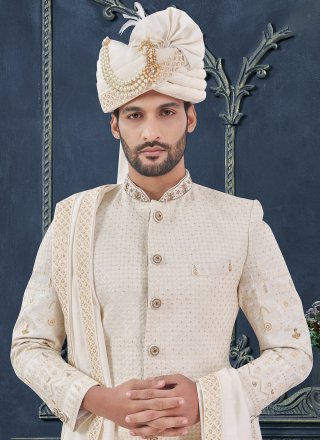 White Georgette Sherwani Mens Wear