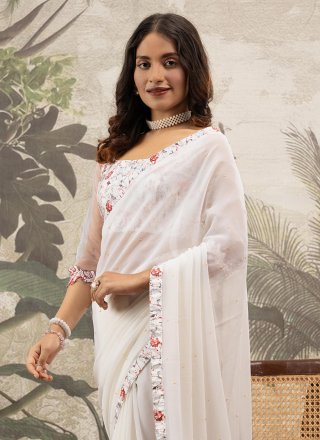 White Georgette Stone Work Classic Saree