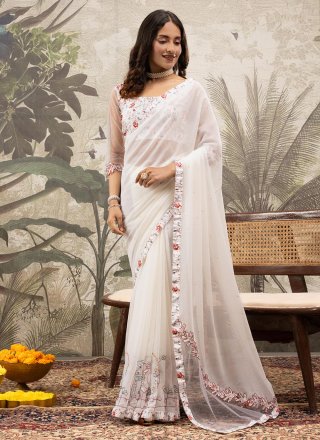 White Georgette Stone Work Classic Saree
