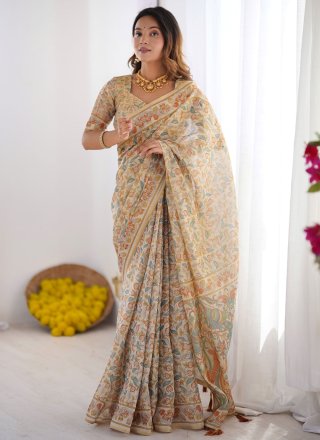 White Handloom Cotton Print Work Traditional Saree for Ceremonial