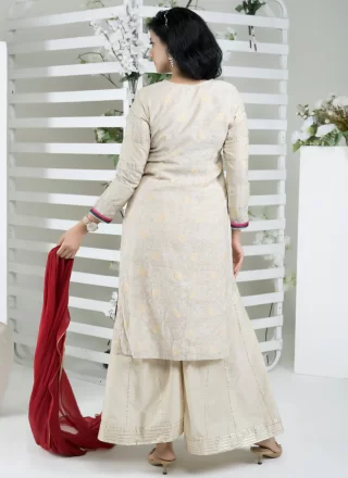 White Handloom Silk Beads, Jacquard and Thread Work Sharara Set for Ceremonial