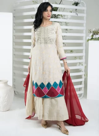 White Handloom Silk Beads, Jacquard and Thread Work Sharara Set for Ceremonial