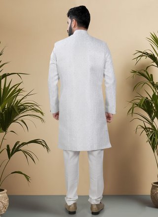 White Jacquard Indo Western with Woven Work