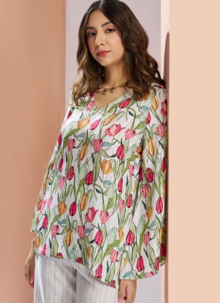 White Muslin Floral Patch Work Casual Kurti