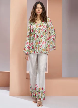 White Muslin Floral Patch Work Casual Kurti