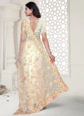 White Net Cut, Embroidered, Resham, Stone and Zircon Work Classic Sari