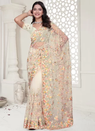 White Net Cut, Embroidered, Resham, Stone and Zircon Work Classic Sari