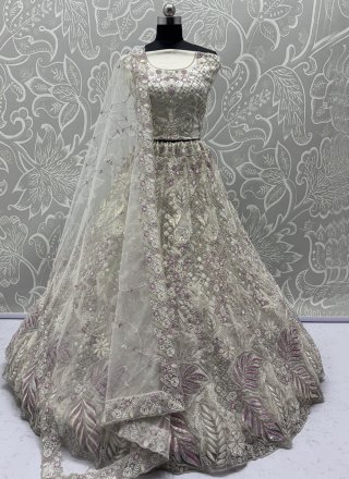 White Net Diamond, Dori, Embroidered, Fancy, Multi, Sequins, Thread and Zircon Work A - Line Lehenga Choli for Ceremonial