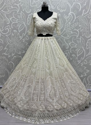 White Net Embroidered, Fancy, Floral Patch, Hand, Moti and Sequins Work Readymade Lehenga Choli for Ceremonial